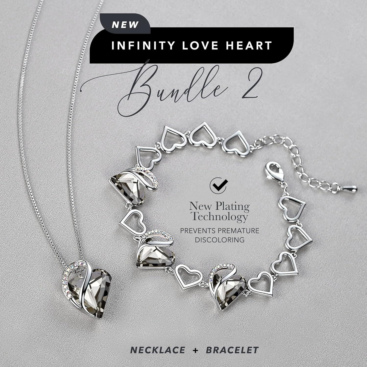 imageLeafael Infinity Love Heart Necklace and Bracelet for Women Healing Stone for Protection Crystal Jewelry Silver Tone Bundle Gifts for Women Crystal Black
