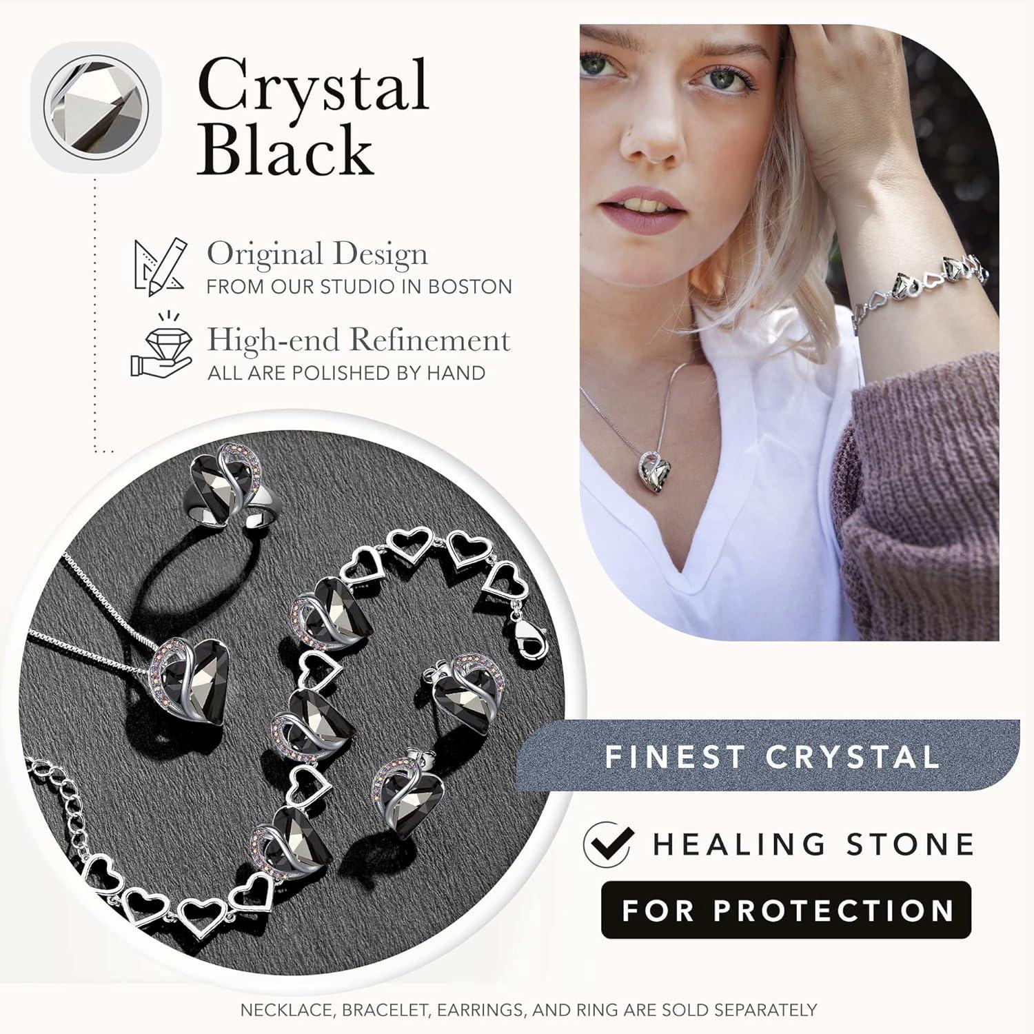 imageLeafael Infinity Love Heart Necklace and Bracelet for Women Healing Stone for Protection Crystal Jewelry Silver Tone Bundle Gifts for Women Crystal Black