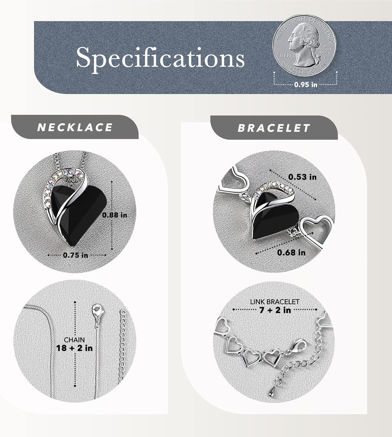imageLeafael Infinity Love Heart Necklace and Bracelet for Women Healing Stone for Protection Crystal Jewelry Silver Tone Bundle Gifts for Women Jet Black