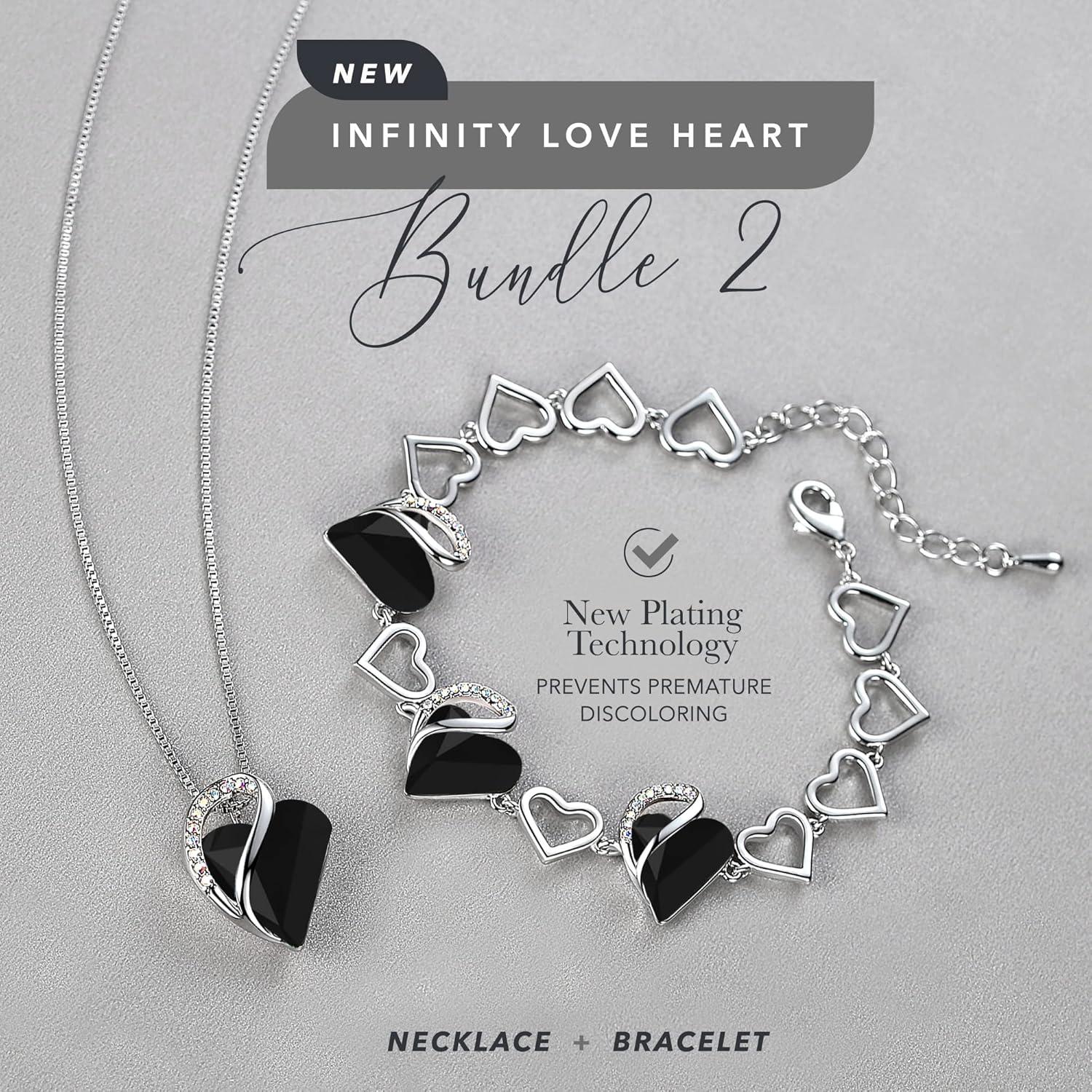 imageLeafael Infinity Love Heart Necklace and Bracelet for Women Healing Stone for Protection Crystal Jewelry Silver Tone Bundle Gifts for Women Jet Black