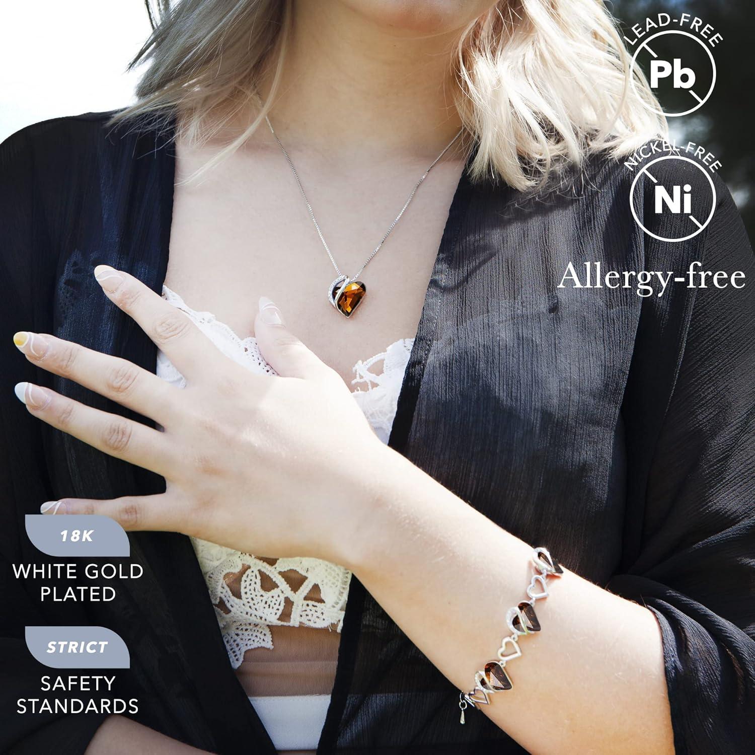 imageLeafael Infinity Love Heart Necklace and Bracelet for Women Healing Stone for Stress Relief Crystal Jewelry Silver Tone Bundle Gifts for Women Dark Topaz Brown