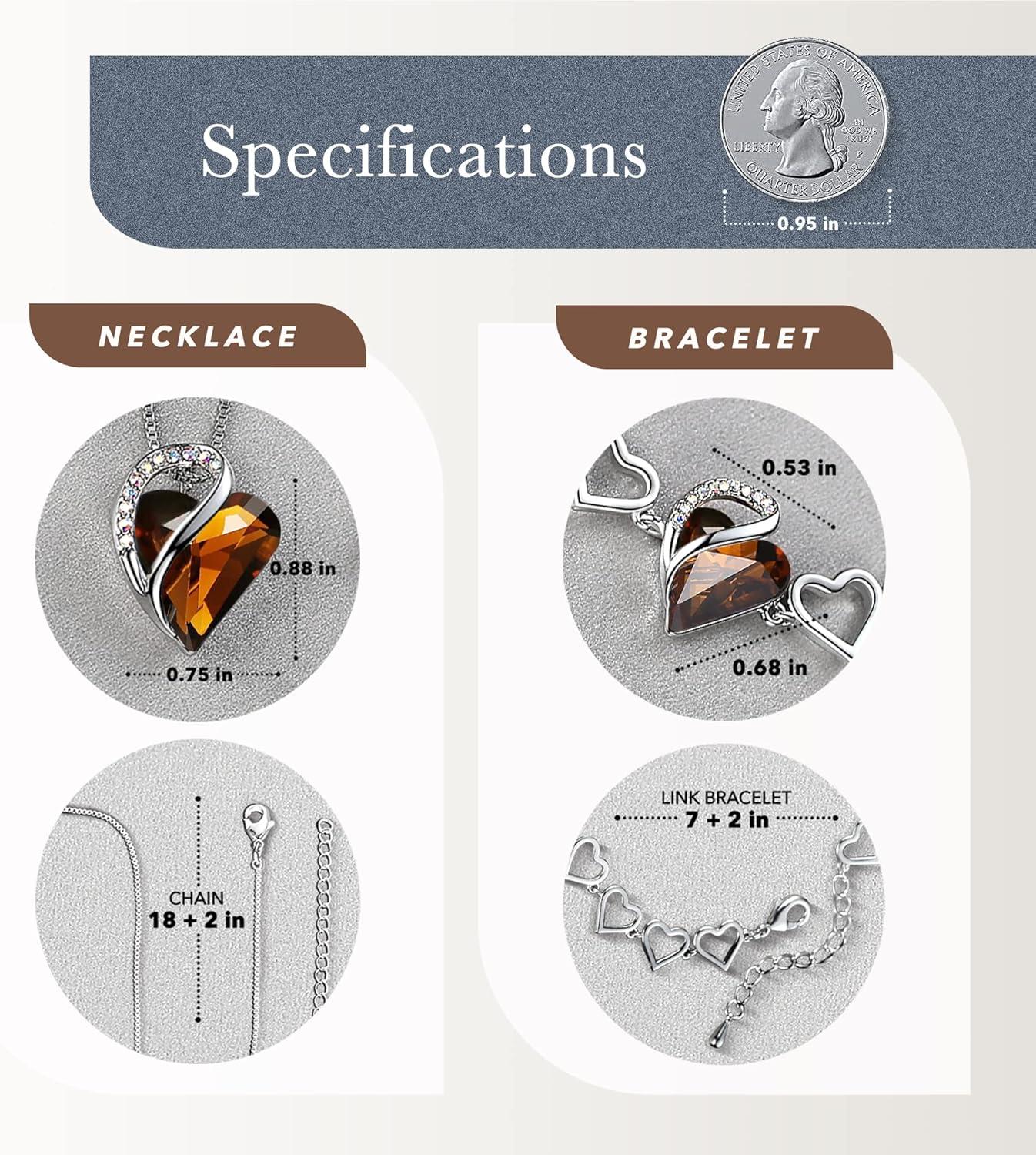 imageLeafael Infinity Love Heart Necklace and Bracelet for Women Healing Stone for Stress Relief Crystal Jewelry Silver Tone Bundle Gifts for Women Dark Topaz Brown