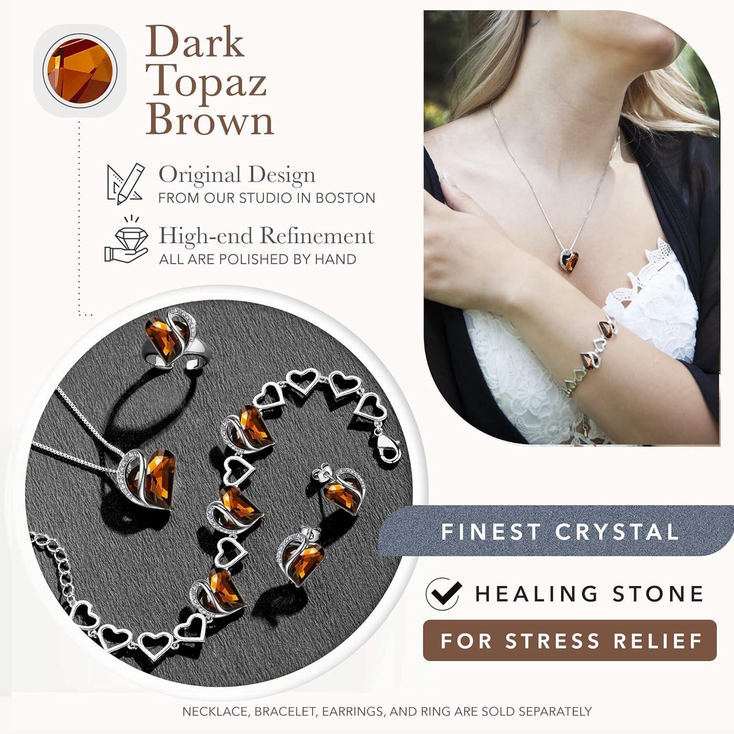 imageLeafael Infinity Love Heart Necklace and Bracelet for Women Healing Stone for Stress Relief Crystal Jewelry Silver Tone Bundle Gifts for Women Dark Topaz Brown