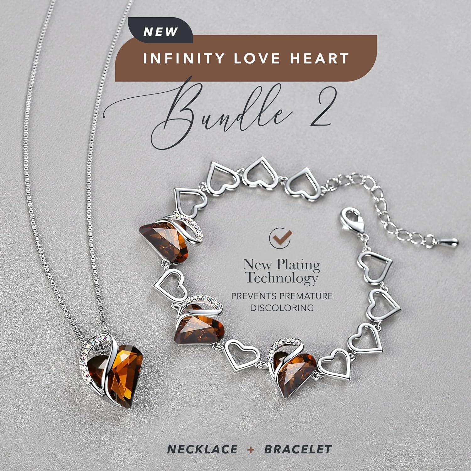 imageLeafael Infinity Love Heart Necklace and Bracelet for Women Healing Stone for Stress Relief Crystal Jewelry Silver Tone Bundle Gifts for Women Dark Topaz Brown