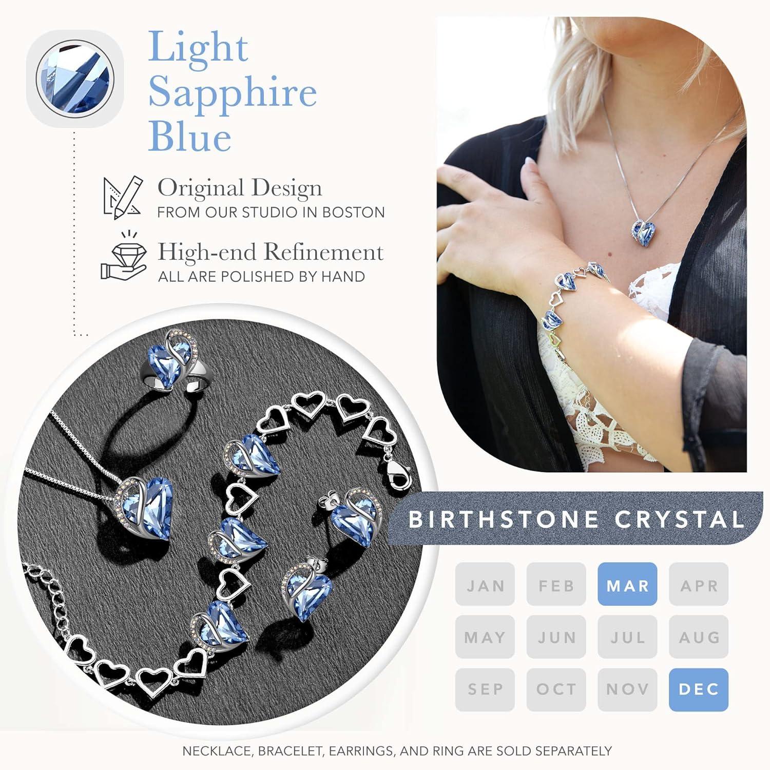 imageLeafael Infinity Love Heart Necklace and Bracelet for Women March Birthstone Crystal Jewelry Silver Tone Bundle Gifts for Women Light Sapphire Blue