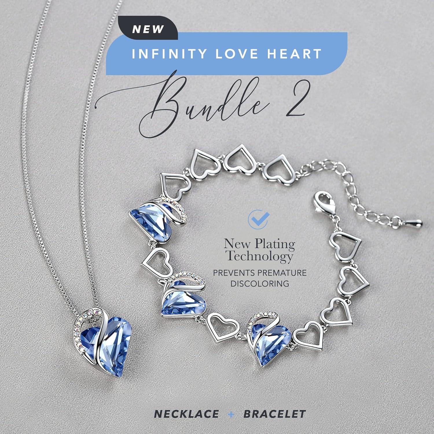 imageLeafael Infinity Love Heart Necklace and Bracelet for Women March Birthstone Crystal Jewelry Silver Tone Bundle Gifts for Women Light Sapphire Blue