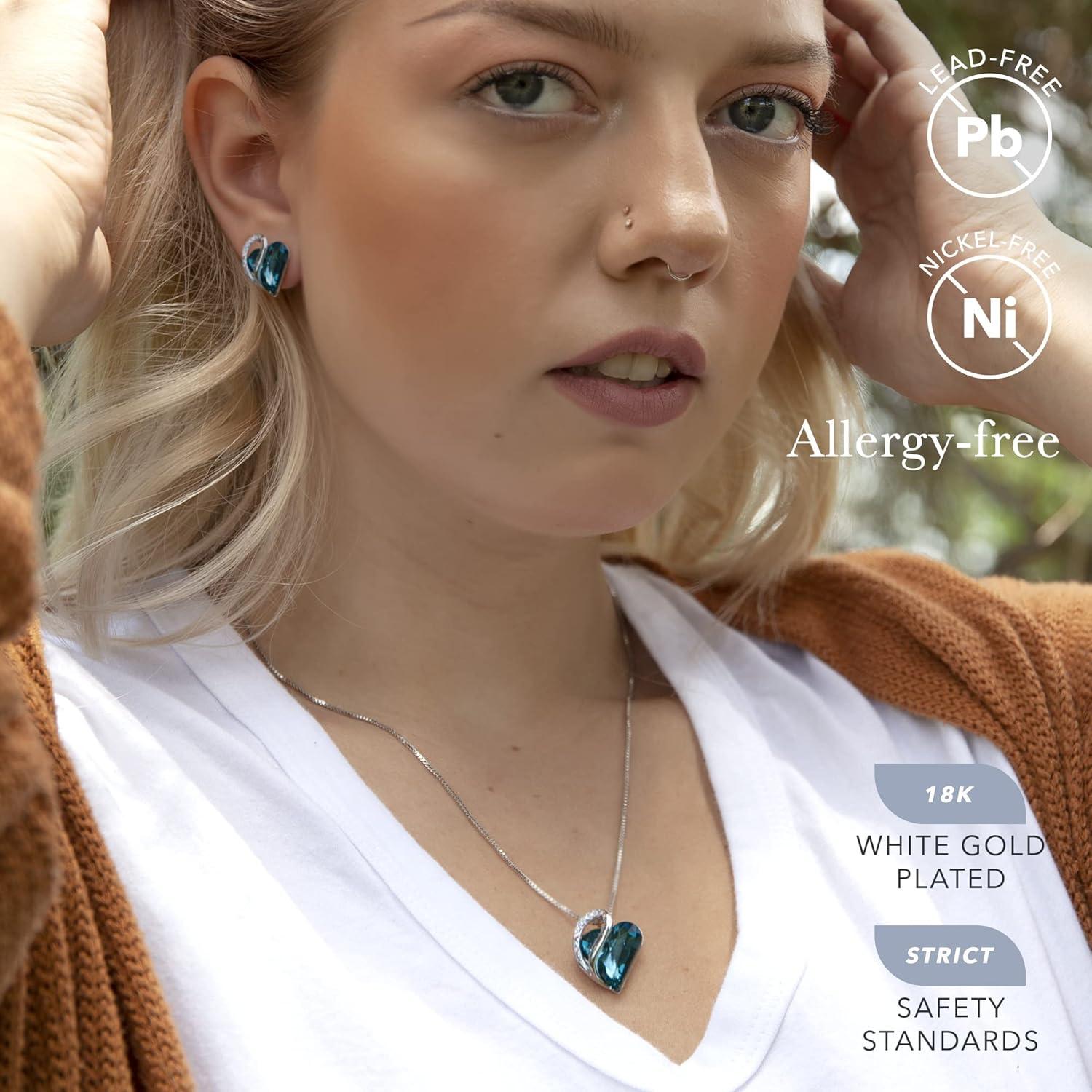 imageLeafael Infinity Love Heart Necklace and Stud Earrings for Women December Birthstone Crystal Jewelry Silver Tone Bundle Gifts for Women Indicolite Zircon Blue