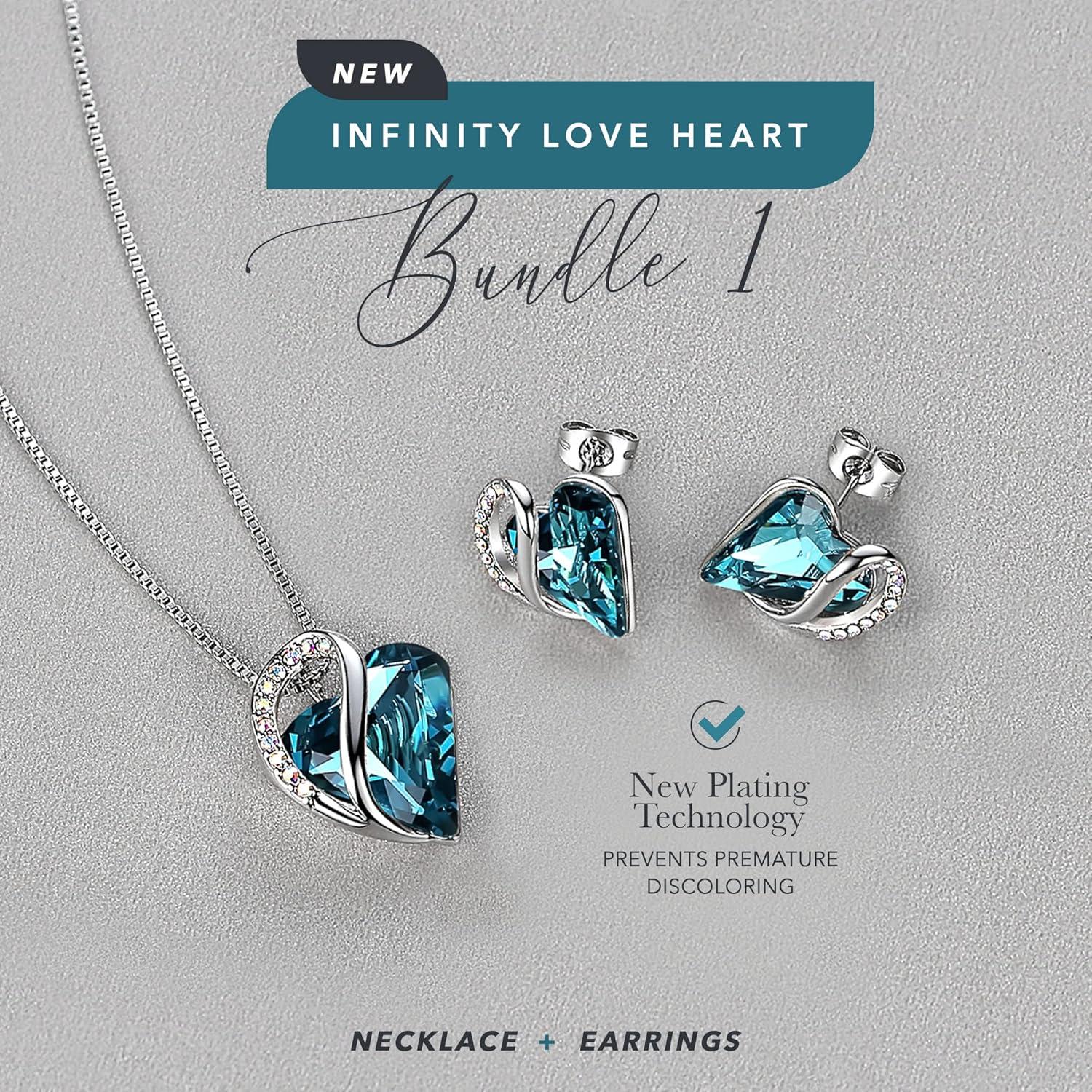 imageLeafael Infinity Love Heart Necklace and Stud Earrings for Women December Birthstone Crystal Jewelry Silver Tone Bundle Gifts for Women Indicolite Zircon Blue