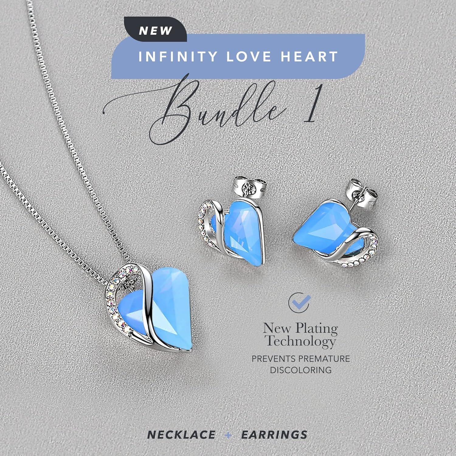 imageLeafael Infinity Love Heart Necklace and Stud Earrings for Women Healing Stone for Communication Crystal Jewelry Silver Tone Bundle Gifts for Women Owyhee Opal Blue