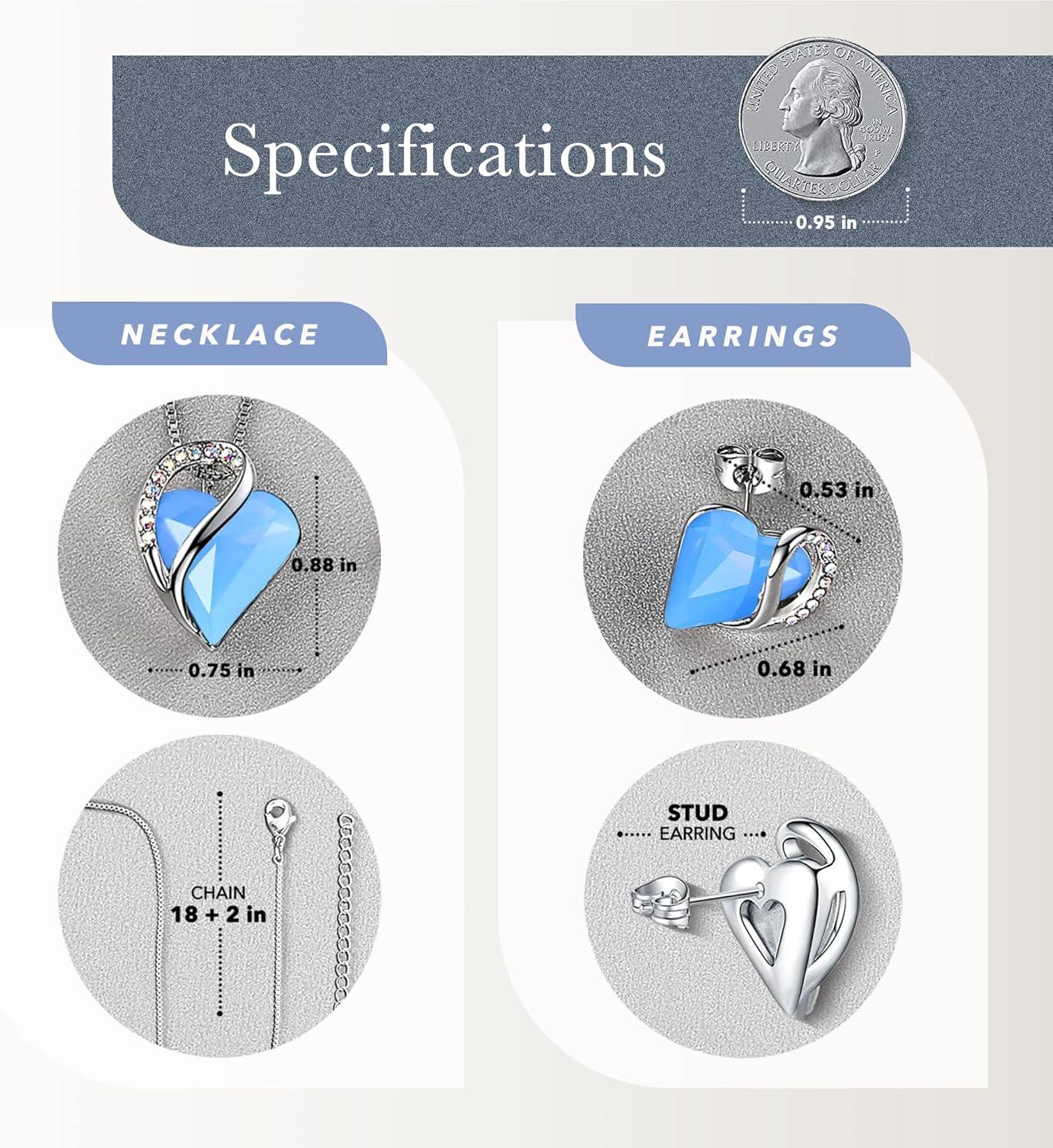 imageLeafael Infinity Love Heart Necklace and Stud Earrings for Women Healing Stone for Communication Crystal Jewelry Silver Tone Bundle Gifts for Women Owyhee Opal Blue