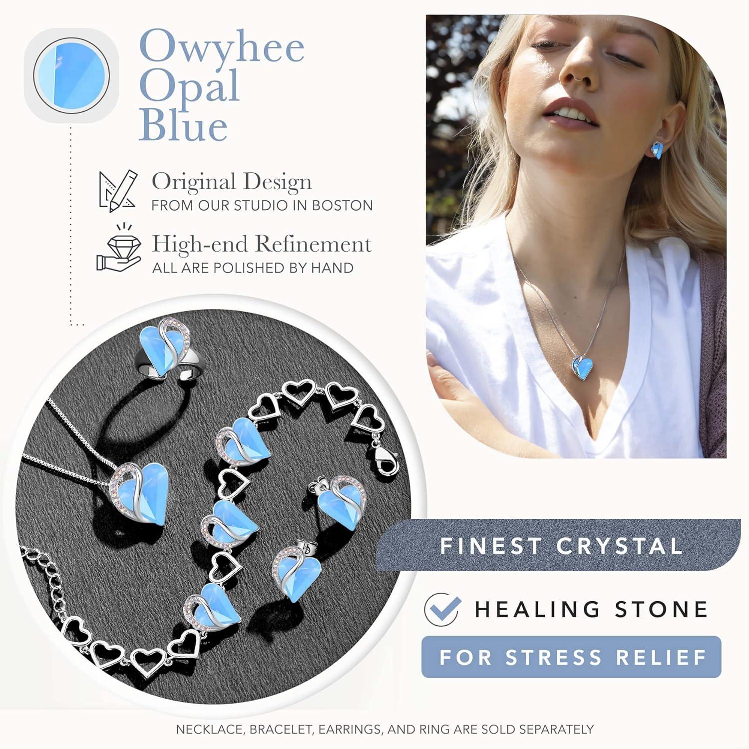 imageLeafael Infinity Love Heart Necklace and Stud Earrings for Women Healing Stone for Communication Crystal Jewelry Silver Tone Bundle Gifts for Women Owyhee Opal Blue