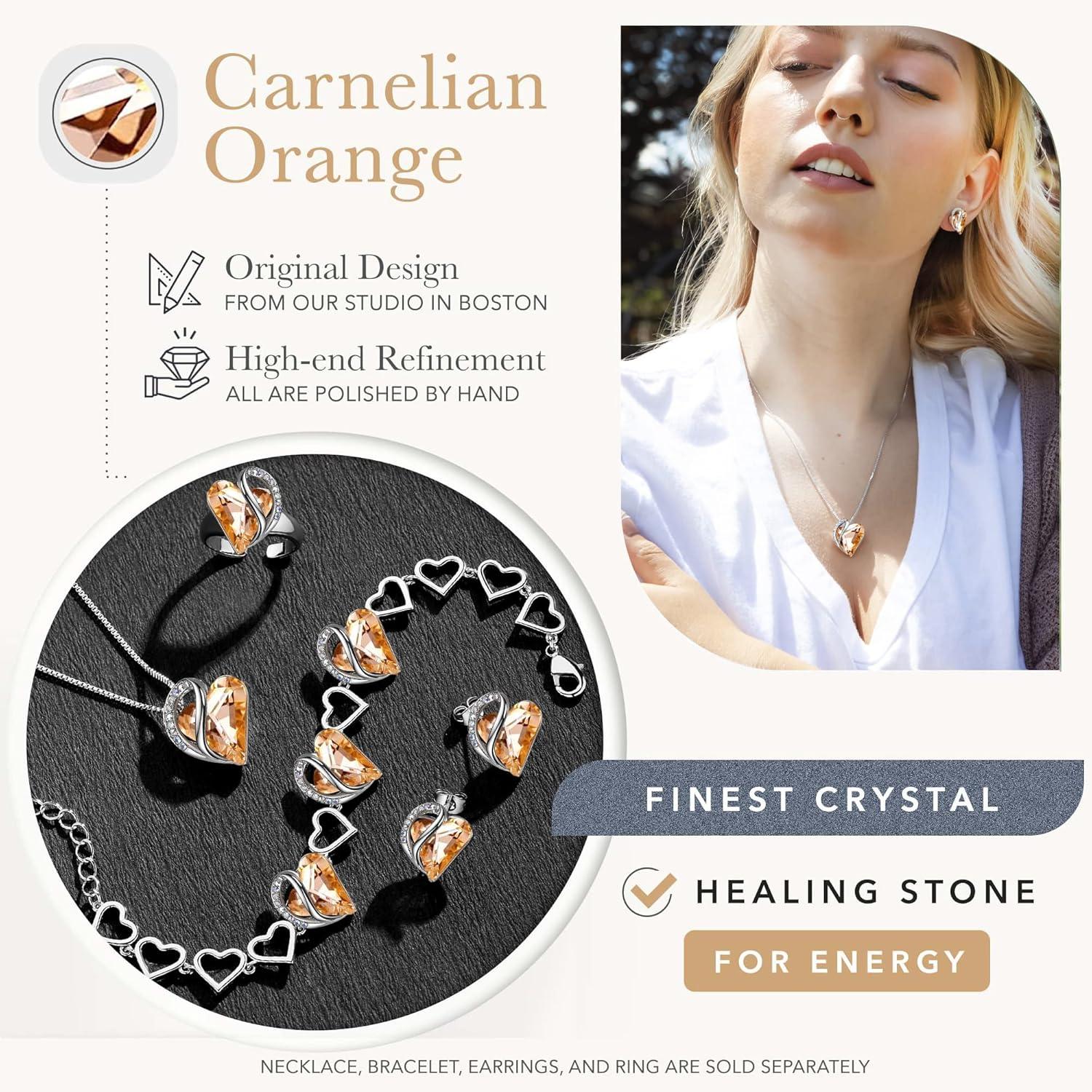 imageLeafael Infinity Love Heart Necklace and Stud Earrings for Women Healing Stone for Energy Crystal Jewelry Silver Tone Bundle Gifts for Women Carnelian Orange