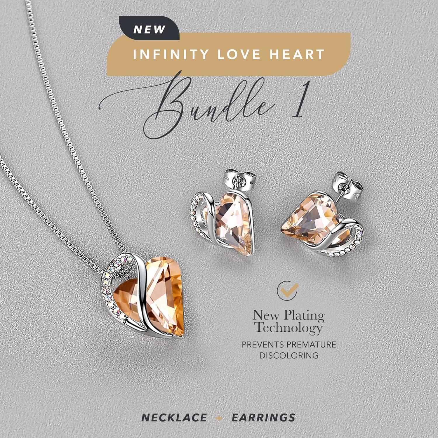 imageLeafael Infinity Love Heart Necklace and Stud Earrings for Women Healing Stone for Energy Crystal Jewelry Silver Tone Bundle Gifts for Women Carnelian Orange