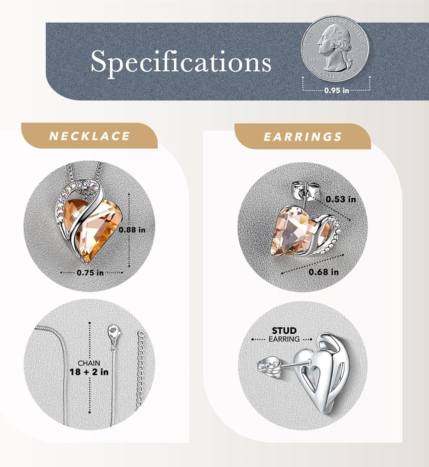 imageLeafael Infinity Love Heart Necklace and Stud Earrings for Women Healing Stone for Energy Crystal Jewelry Silver Tone Bundle Gifts for Women Carnelian Orange