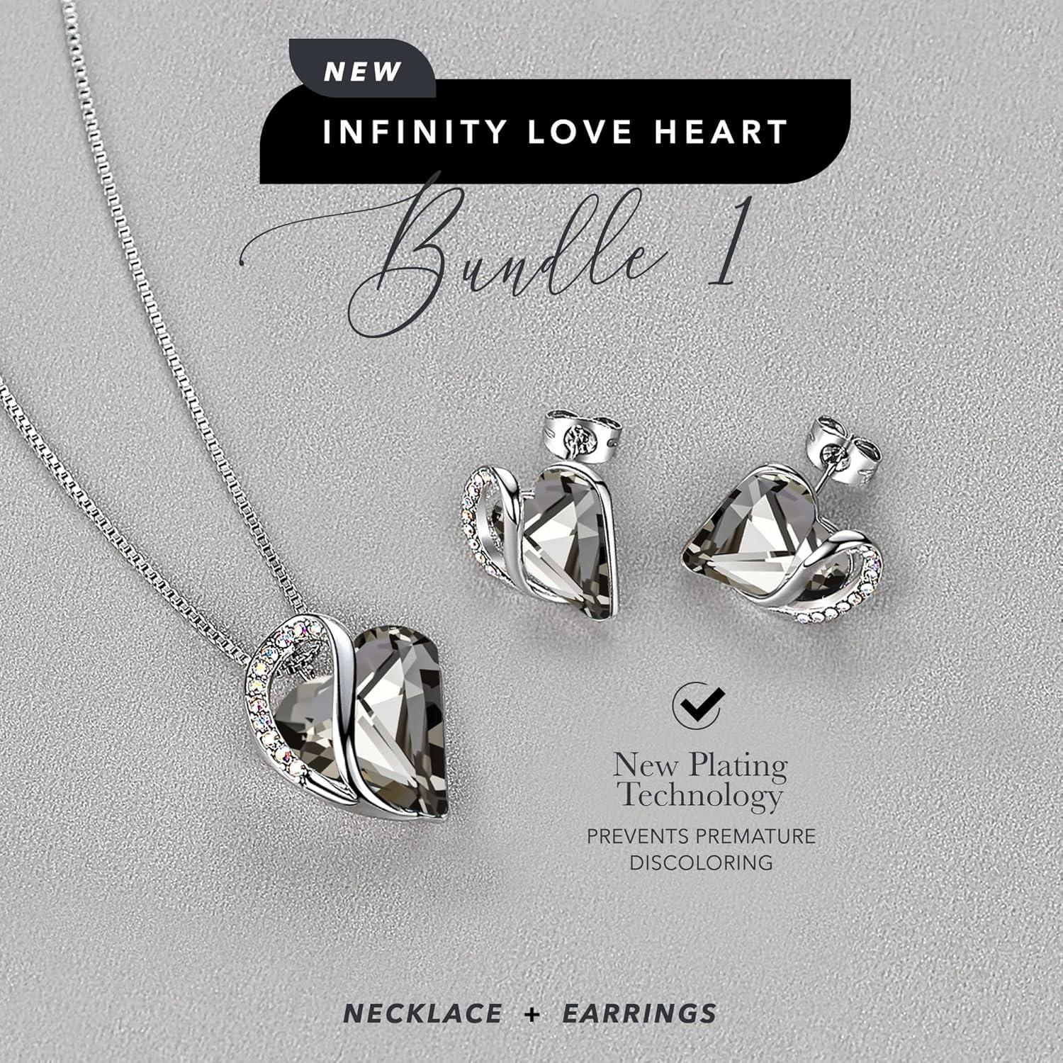 imageLeafael Infinity Love Heart Necklace and Stud Earrings for Women Healing Stone for Protection Crystal Jewelry Silver Tone Bundle Gifts for Women Crystal Black
