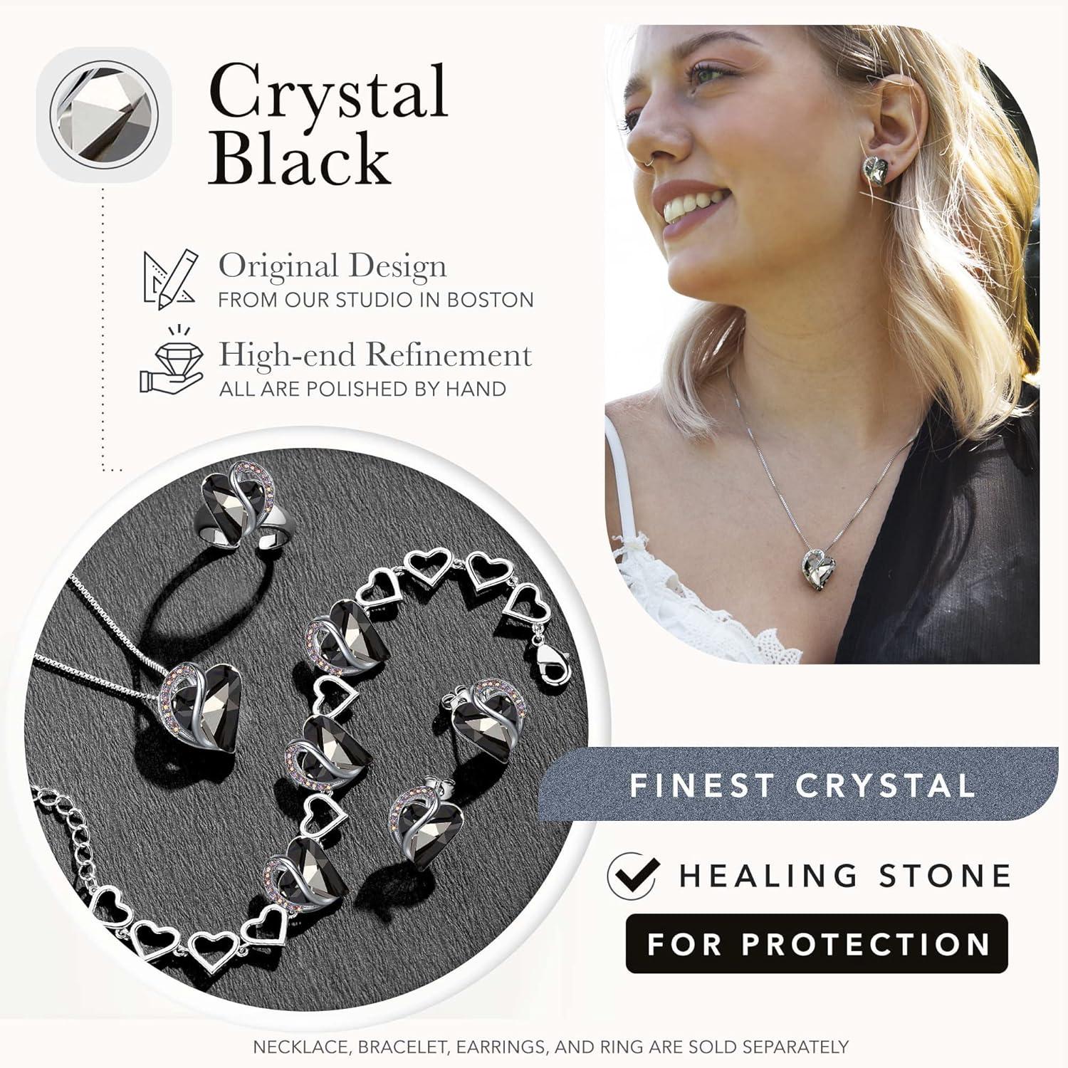 imageLeafael Infinity Love Heart Necklace and Stud Earrings for Women Healing Stone for Protection Crystal Jewelry Silver Tone Bundle Gifts for Women Crystal Black