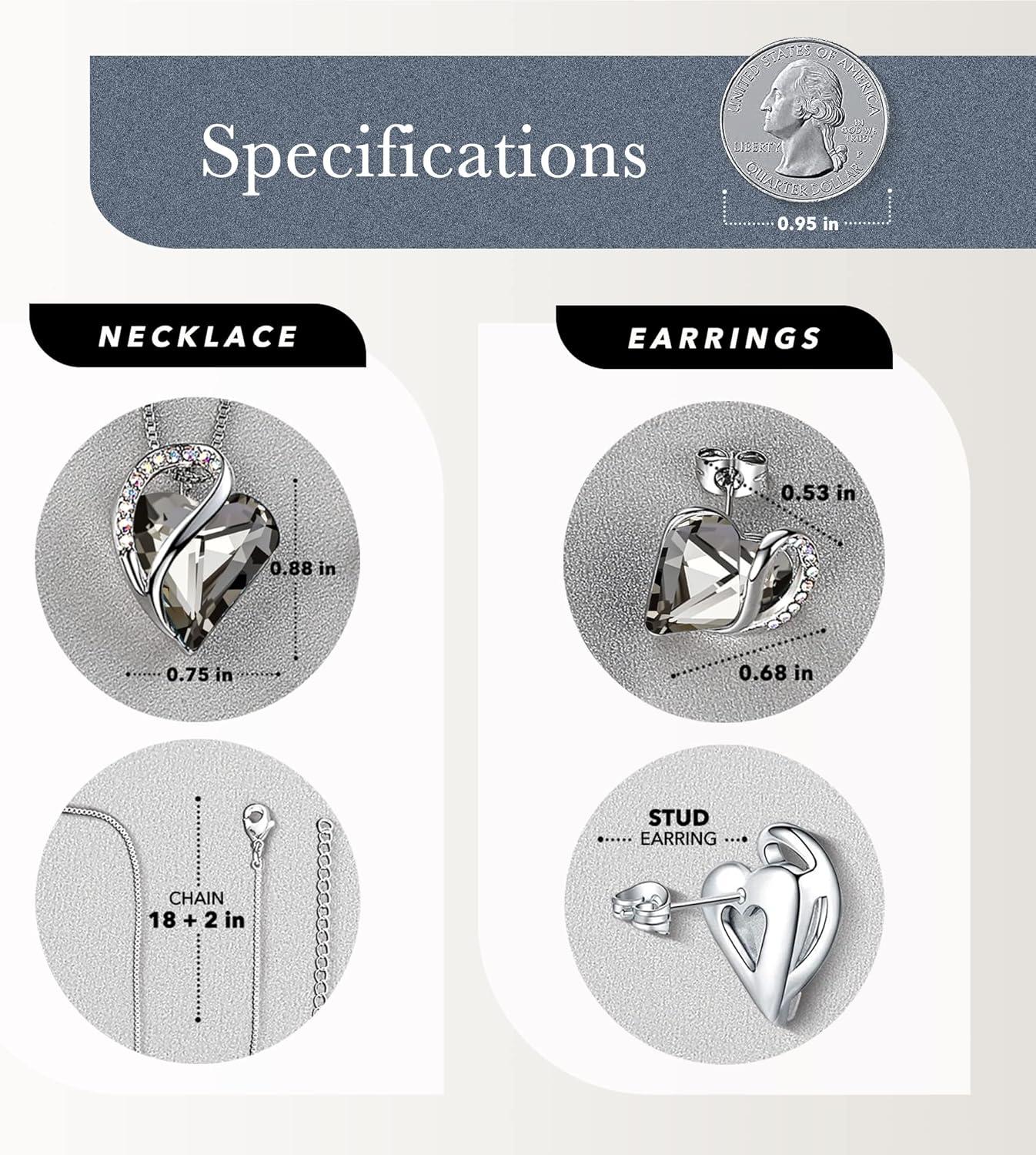 imageLeafael Infinity Love Heart Necklace and Stud Earrings for Women Healing Stone for Protection Crystal Jewelry Silver Tone Bundle Gifts for Women Crystal Black