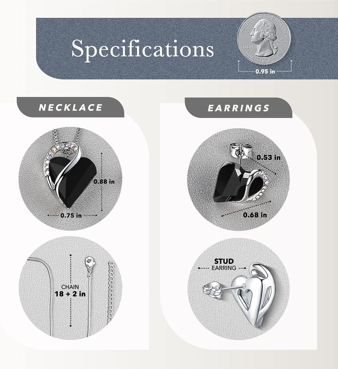 imageLeafael Infinity Love Heart Necklace and Stud Earrings for Women Healing Stone for Protection Crystal Jewelry Silver Tone Bundle Gifts for Women Jet Black