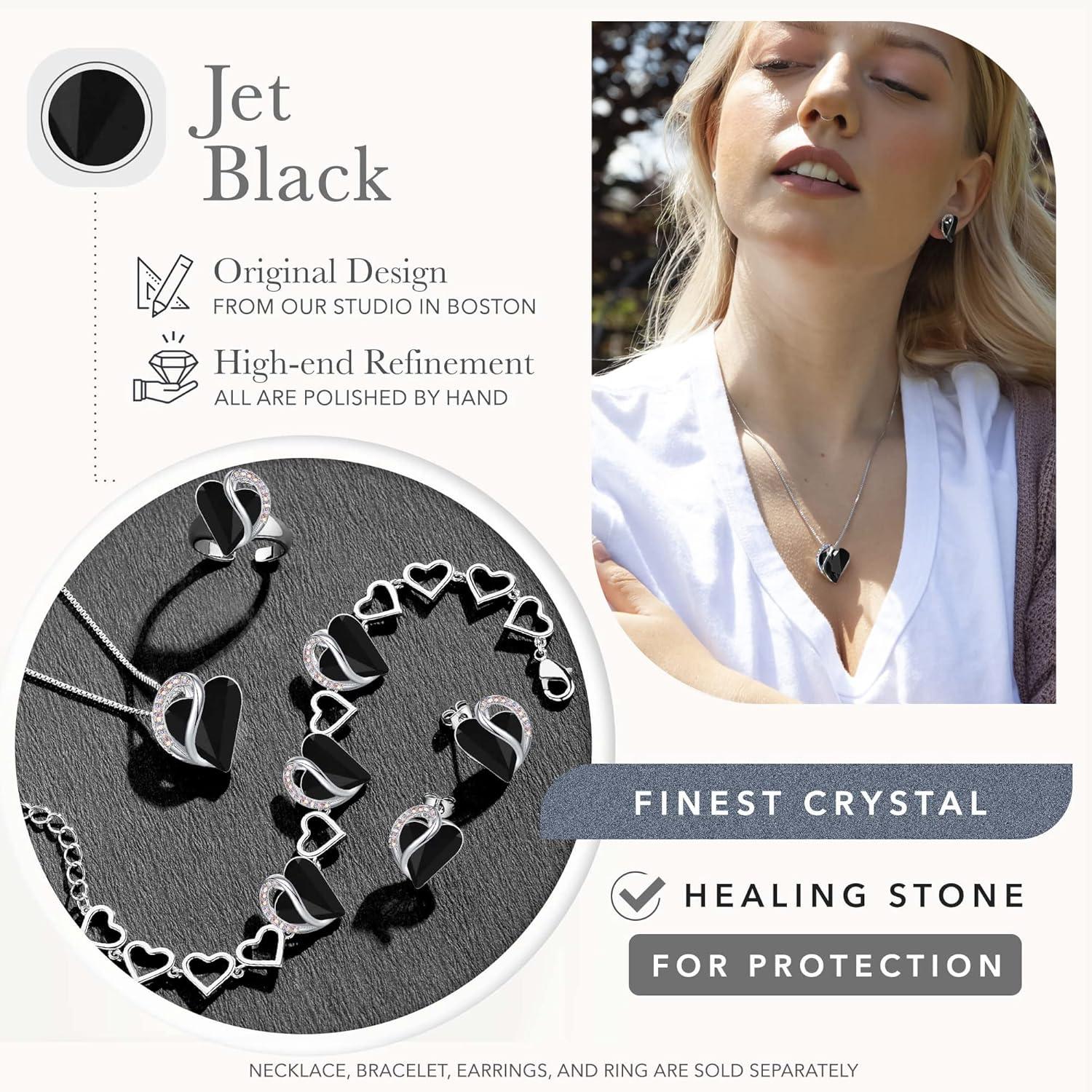 imageLeafael Infinity Love Heart Necklace and Stud Earrings for Women Healing Stone for Protection Crystal Jewelry Silver Tone Bundle Gifts for Women Jet Black