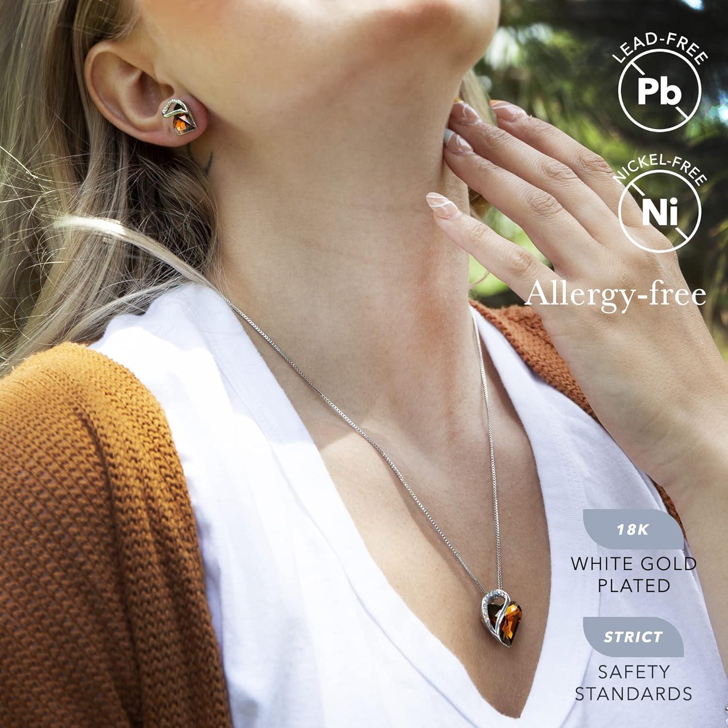 imageLeafael Infinity Love Heart Necklace and Stud Earrings for Women Healing Stone for Stress Relief Crystal Jewelry Silver Tone Bundle Gifts for Women Dark Topaz Brown