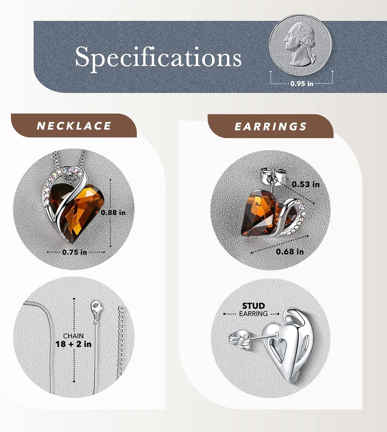 imageLeafael Infinity Love Heart Necklace and Stud Earrings for Women Healing Stone for Stress Relief Crystal Jewelry Silver Tone Bundle Gifts for Women Dark Topaz Brown