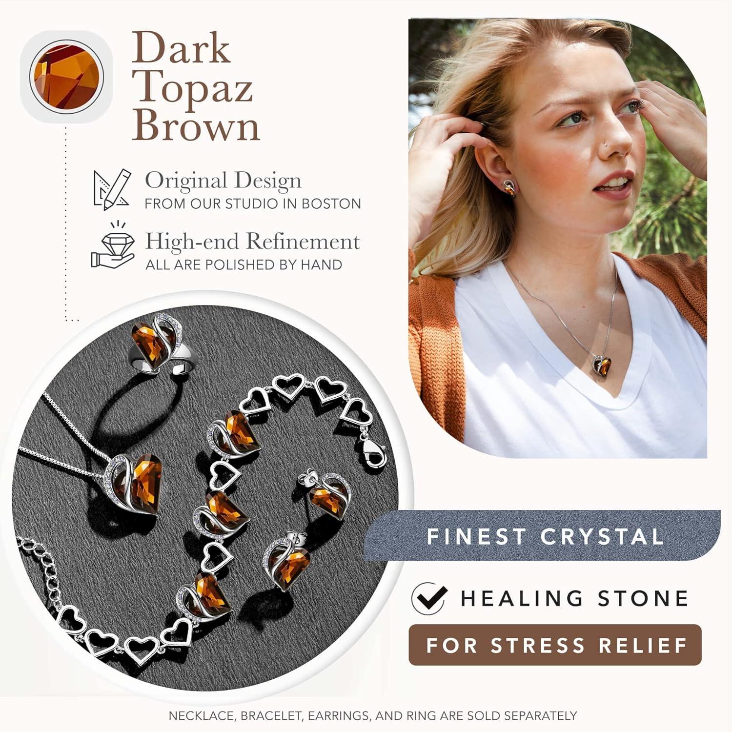 imageLeafael Infinity Love Heart Necklace and Stud Earrings for Women Healing Stone for Stress Relief Crystal Jewelry Silver Tone Bundle Gifts for Women Dark Topaz Brown