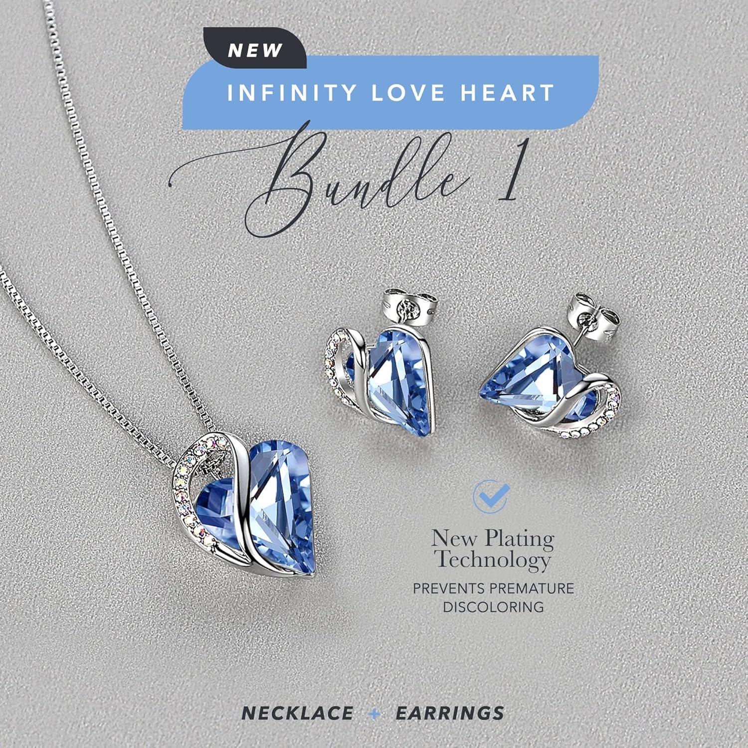 imageLeafael Infinity Love Heart Necklace and Stud Earrings for Women March Birthstone Crystal Jewelry Silver Tone Bundle Gifts for Women Light Sapphire Blue