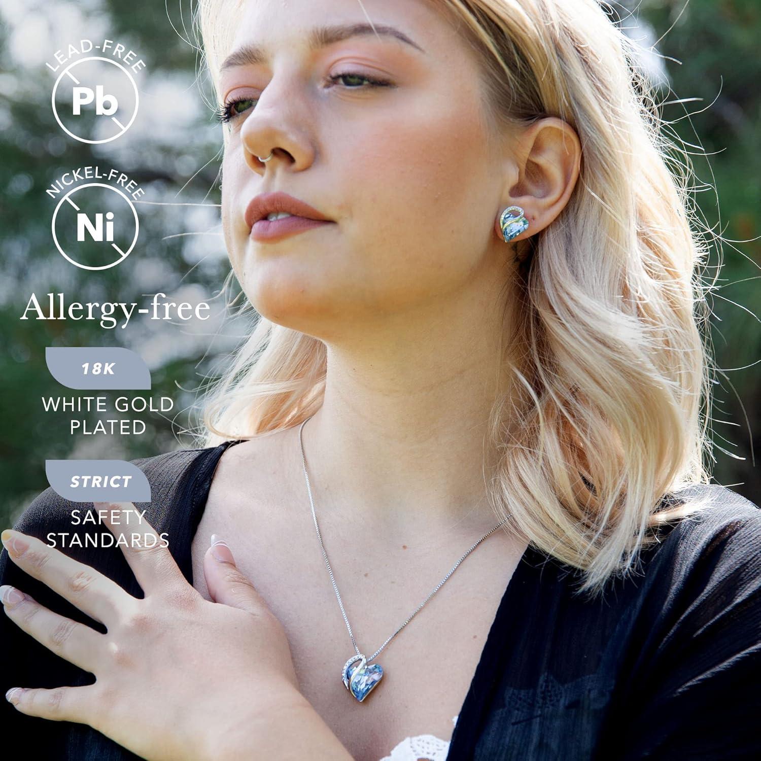 imageLeafael Infinity Love Heart Necklace and Stud Earrings for Women March Birthstone Crystal Jewelry Silver Tone Bundle Gifts for Women Light Sapphire Blue