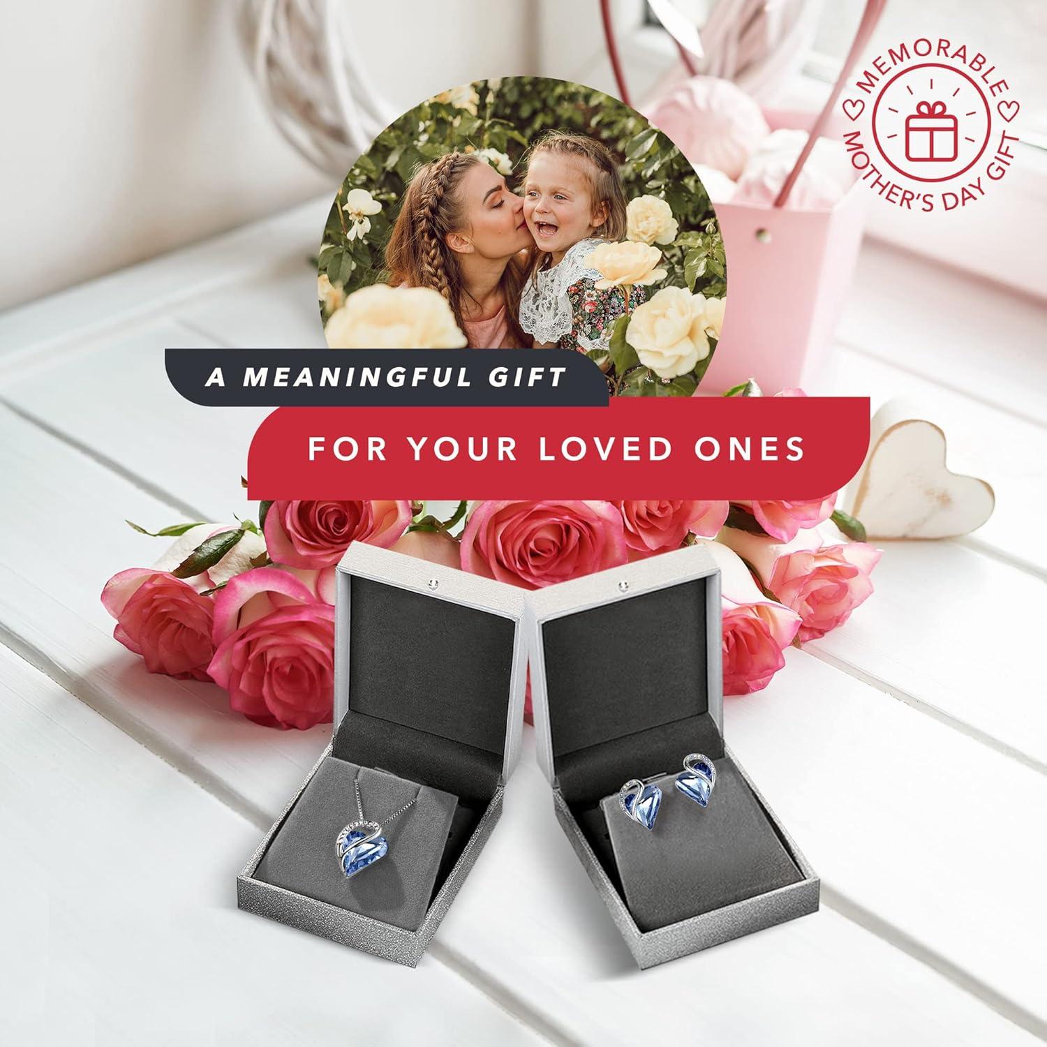 imageLeafael Infinity Love Heart Necklace and Stud Earrings for Women March Birthstone Crystal Jewelry Silver Tone Bundle Gifts for Women Light Sapphire Blue