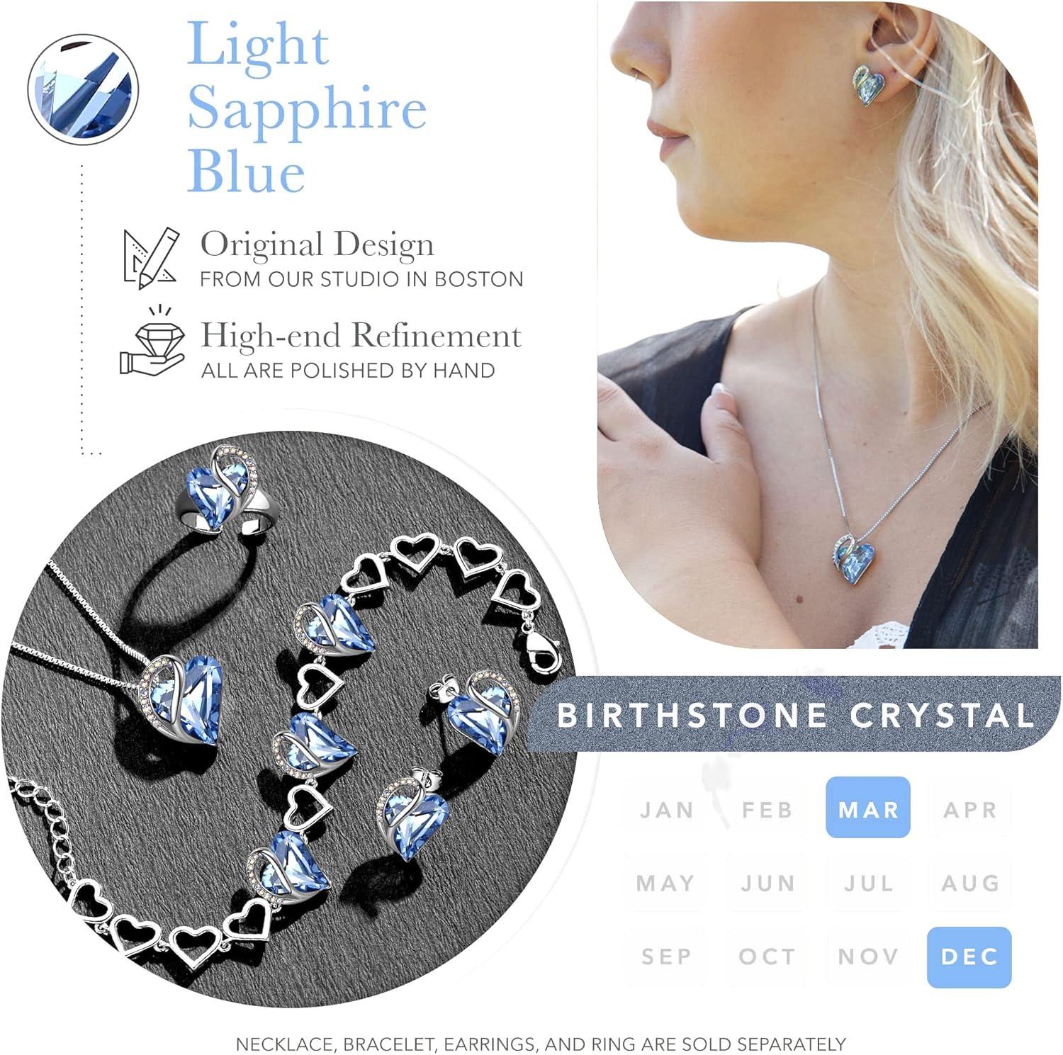 imageLeafael Infinity Love Heart Necklace and Stud Earrings for Women March Birthstone Crystal Jewelry Silver Tone Bundle Gifts for Women Light Sapphire Blue