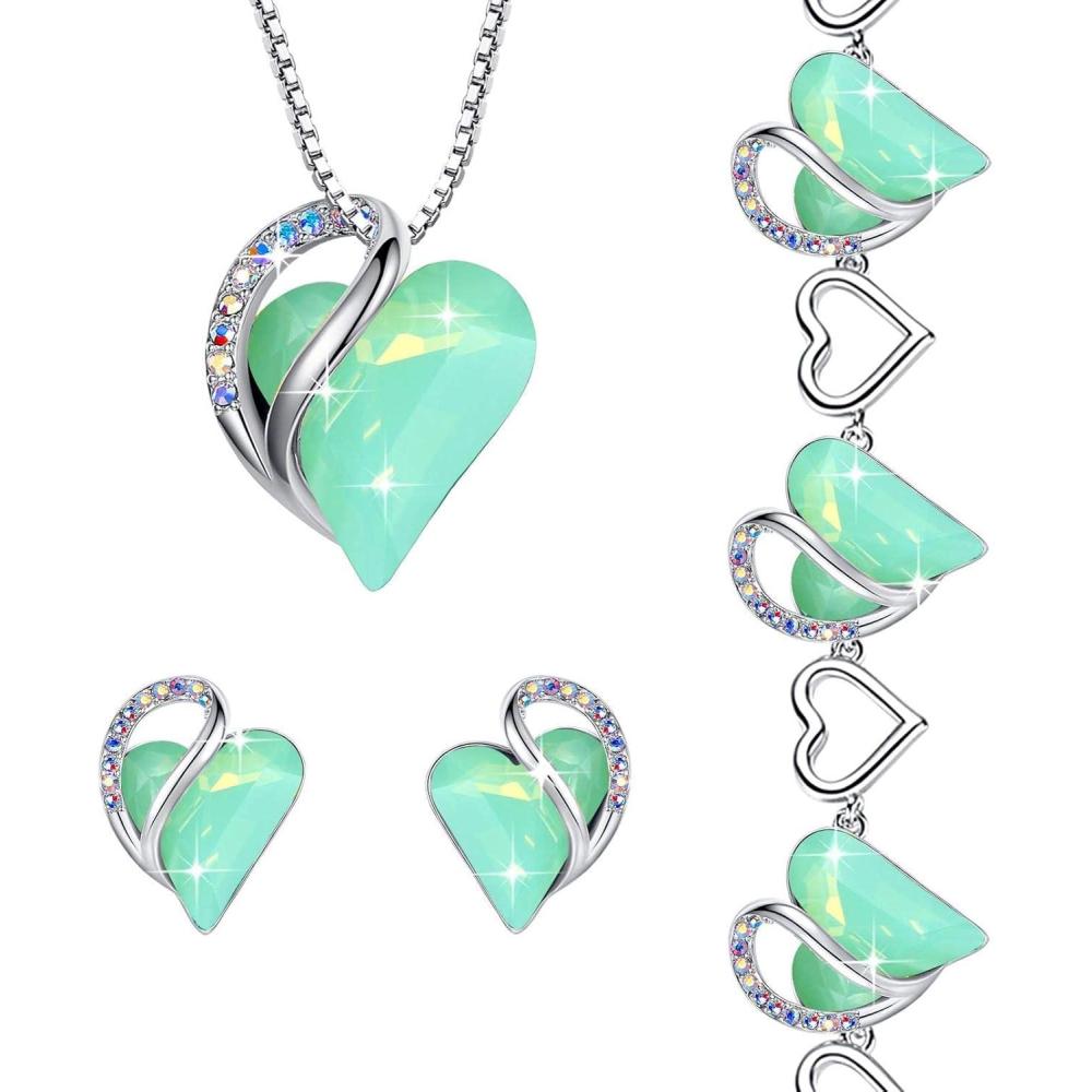 imageLeafael Infinity Love Heart Necklace Stud Earrings and Bracelet for Women Healing Stone for Luck Crystal Jewelry Silver Tone Gifts for Women Opal Green