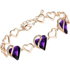 Leafael 18K Rose Gold Plated Love Heart Link Bracelet with Healing Stone Crystal, Jewellery Gifts for Women, 7″ Chain + 2″ Extender(22 – February – Dark Amethyst Pink)