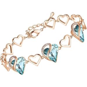Leafael 18K Rose Gold Plated Love Heart Link Bracelet with Healing Stone Crystal, Jewellery Gifts for Women, 7″ Chain + 2″ Extender(23 – March – Topaz Light Blue)