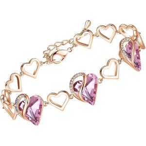Leafael 18K Rose Gold Plated Love Heart Link Bracelet with Healing Stone Crystal, Jewellery Gifts for Women, 7″ Chain + 2″ Extender(30 – October – Rose Quartz Pink)