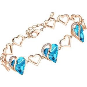 Leafael 18K Rose Gold Plated Love Heart Link Bracelet with Healing Stone Crystal, Jewellery Gifts for Women, 7″ Chain + 2″ Extender(32 – December – Turquoise Aquamarine Blue)
