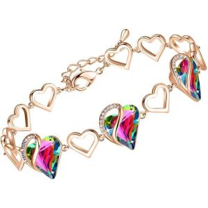 Leafael 18K Rose Gold Plated Love Heart Link Bracelet with Healing Stone Crystal, Jewellery Gifts for Women, 7″ Chain + 2″ Extender(33b – Healing Stone for Protection – Rainbow Obsidian Black)