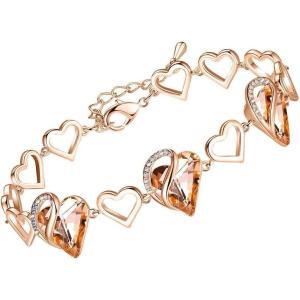 Leafael 18K Rose Gold Plated Love Heart Link Bracelet with Healing Stone Crystal, Jewellery Gifts for Women, 7″ Chain + 2″ Extender(34 – Healing Stone for Happiness – Light Orange)