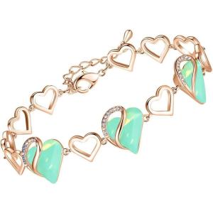Leafael 18K Rose Gold Plated Love Heart Link Bracelet with Healing Stone Crystal, Jewellery Gifts for Women, 7″ Chain + 2″ Extender(35 – Healing Stone for Luck – Jade Opal Green)