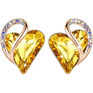 Leafael 18K Rose Gold Plated Love Heart Stud Earrings with Healing Stone Crystal Jewelry Gifts for Women(Balance Healing Stone – Amber Brown Crystal)