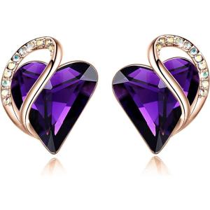Leafael 18K Rose Gold Plated Love Heart Stud Earrings with Healing Stone Crystal Jewelry Gifts for Women(Creativity Healing Stone – Dark Amethyst Pink Crystal)