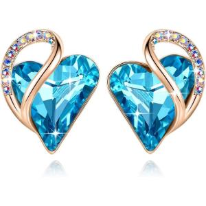 Leafael 18K Rose Gold Plated Love Heart Stud Earrings with Healing Stone Crystal Jewelry Gifts for Women(Friendship Healing Stone – Turquoise Aquamarine Blue Crystal)
