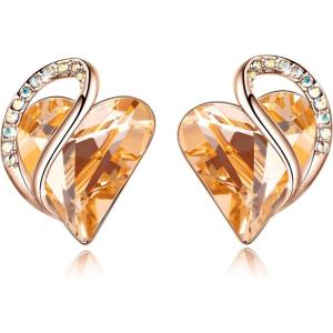 Leafael 18K Rose Gold Plated Love Heart Stud Earrings with Healing Stone Crystal Jewelry Gifts for Women(Happiness Healing Stone – Citrine Golden Yellow Crystal)