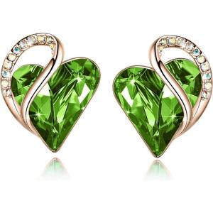 Leafael 18K Rose Gold Plated Love Heart Stud Earrings with Healing Stone Crystal Jewelry Gifts for Women(Nature Healing Stone – Malachite Fern Green Crystal)