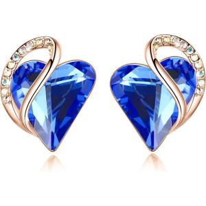 Leafael 18K Rose Gold Plated Love Heart Stud Earrings with Healing Stone Crystal Jewelry Gifts for Women(Protection Healing Stone – Sapphire Blue Crystal)