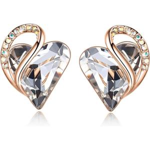 Leafael 18K Rose Gold Plated Love Heart Stud Earrings with Healing Stone Crystal Jewelry Gifts for Women(Purification Healing Stone – Clear Quartz White Crystal)