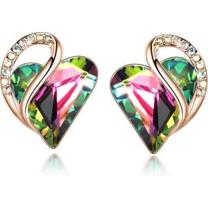Leafael 18K Rose Gold Plated Love Heart Stud Earrings with Healing Stone Crystal Jewelry Gifts for Women(Recovery Healing Stone – Rainbow Obsidian Black Crystal)