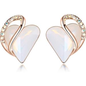 Leafael 18K Rose Gold Plated Love Heart Stud Earrings with Healing Stone Crystal Jewelry Gifts for Women(Transformation Healing Stone – Opal White Crystal)