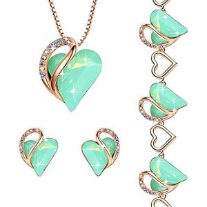 Leafael Infinity Love Crystal Heart Bundle Jewelry Set with Jade Opal Green Healing Stone Crystal for Luck Gifts for Women Necklace Earrings Bracelet, 18K Rose Gold Plated