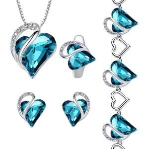 Leafael Infinity Love Heart Necklace, Stud Earrings, Bracelet, and Ring Set, December Birthstone Crystal Jewelry, Silver Tone Gifts for Women, Indicolite Zircon Blue