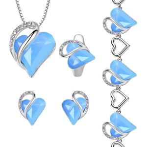 Leafael Infinity Love Heart Necklace, Stud Earrings, Bracelet, and Ring Set, Healing Stone for Communication Crystal Jewelry, Silver Tone Gifts for Women, Owyhee Opal Blue